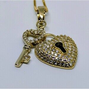Womens 18k Honey Gold Vermeil 1.50Ctw Moissanite Heart Lock W/ Key & 17in. Chain